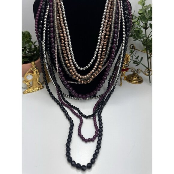 ZARA Multilayer Statement Necklace Beaded Burgundy Black Gold Silver Tone - Picture 3 of 6